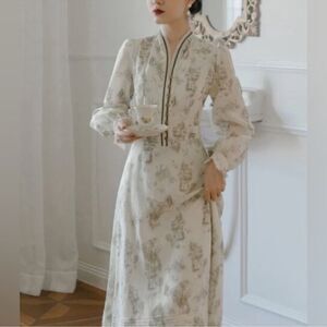 New Simple Retro Lyric Printed Stand Collar Midi Dress